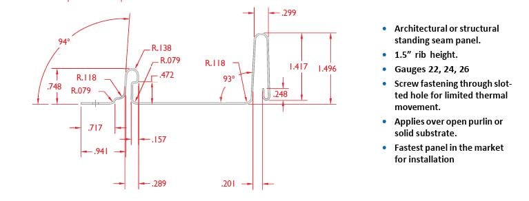 Cross-section drawing for 1-1/2 inch Snap Lock panel showing dimensional specifications