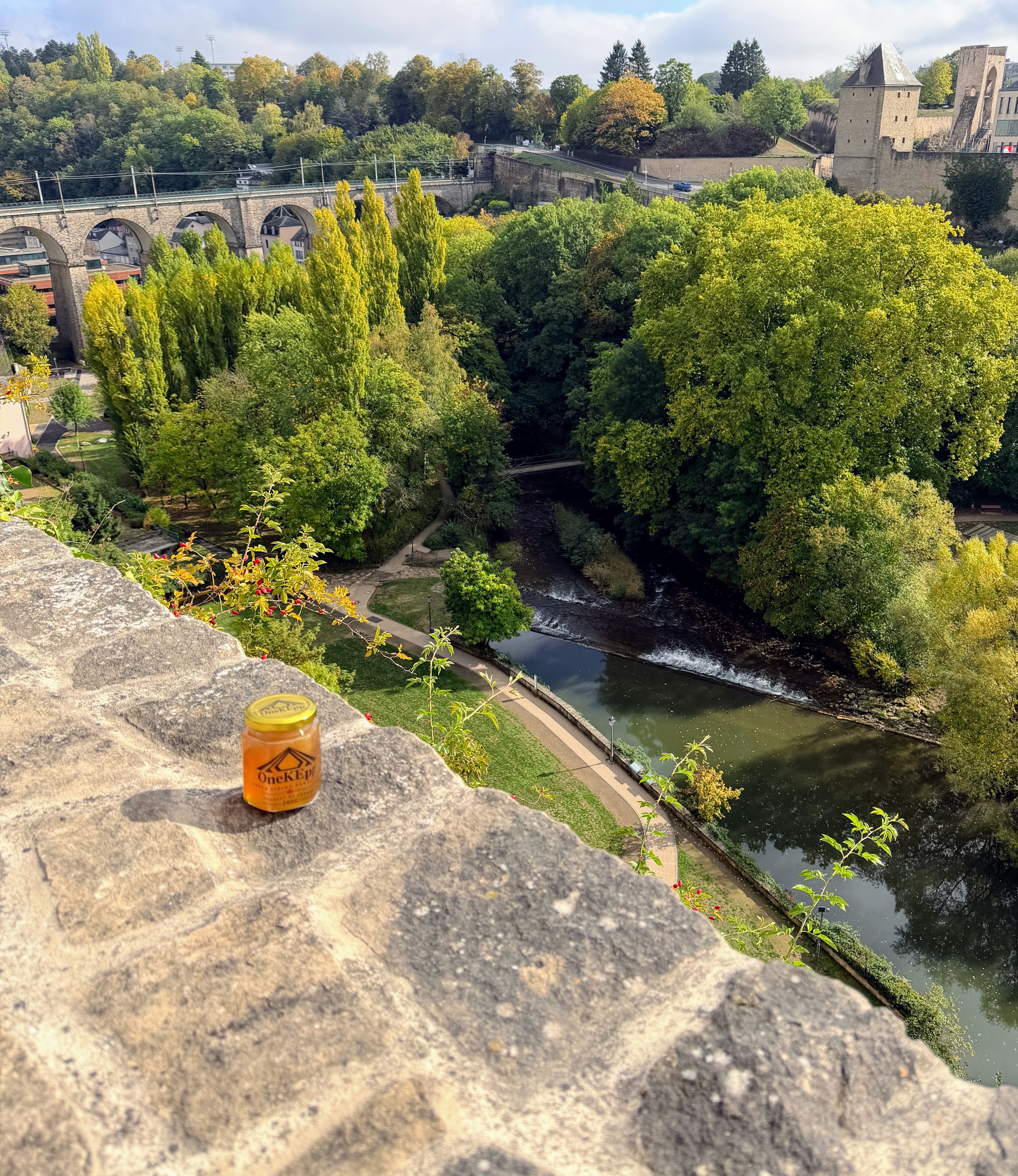 OneKEpp honey jar on the Bock Casemates wall with the Alzette river valley, viaduct, and autumn trees below